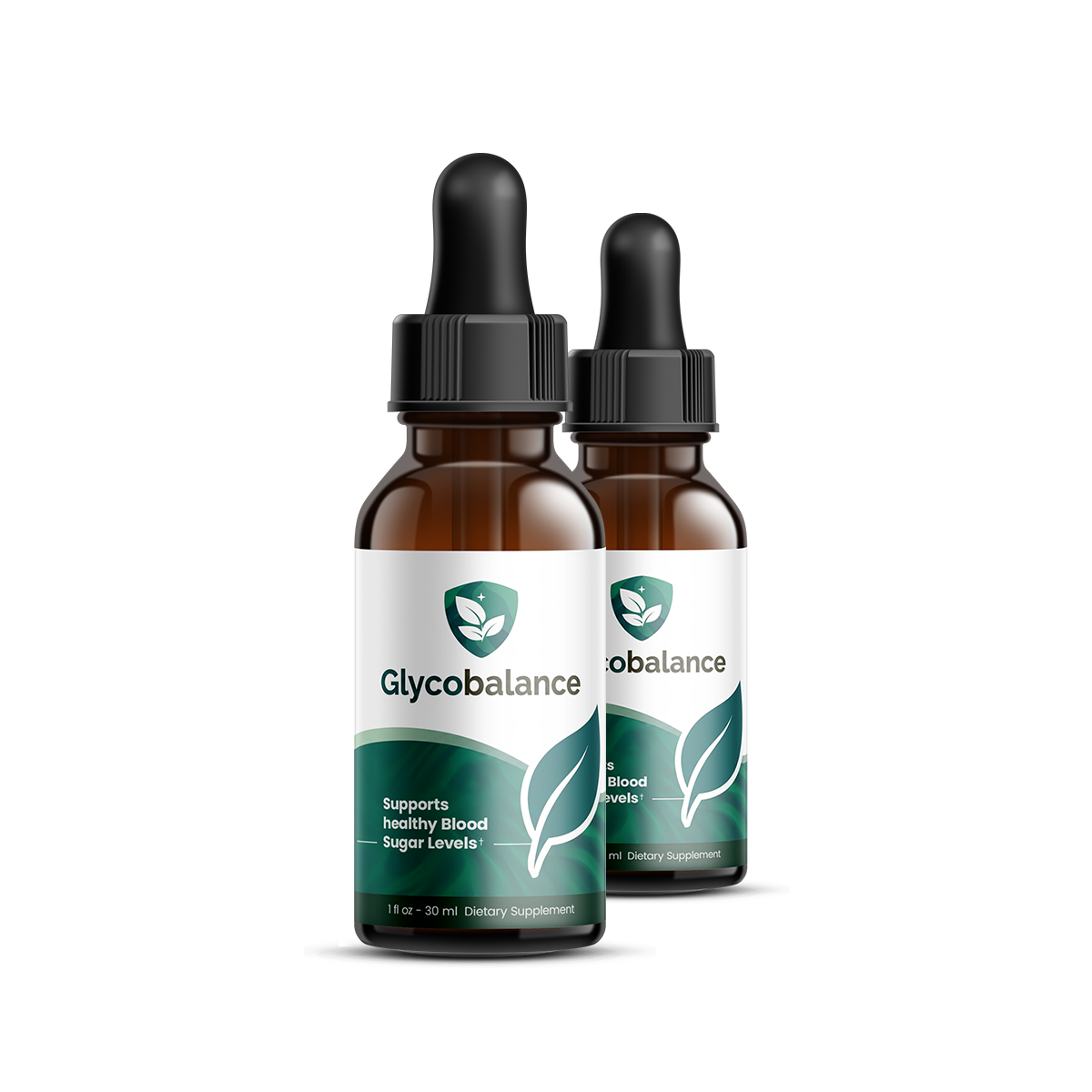 GlycoBalance liquid dietary supplement, two 30 ml amber dropper bottles